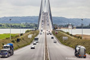 Normandy Bridge over river Seine near Le Havre city, France